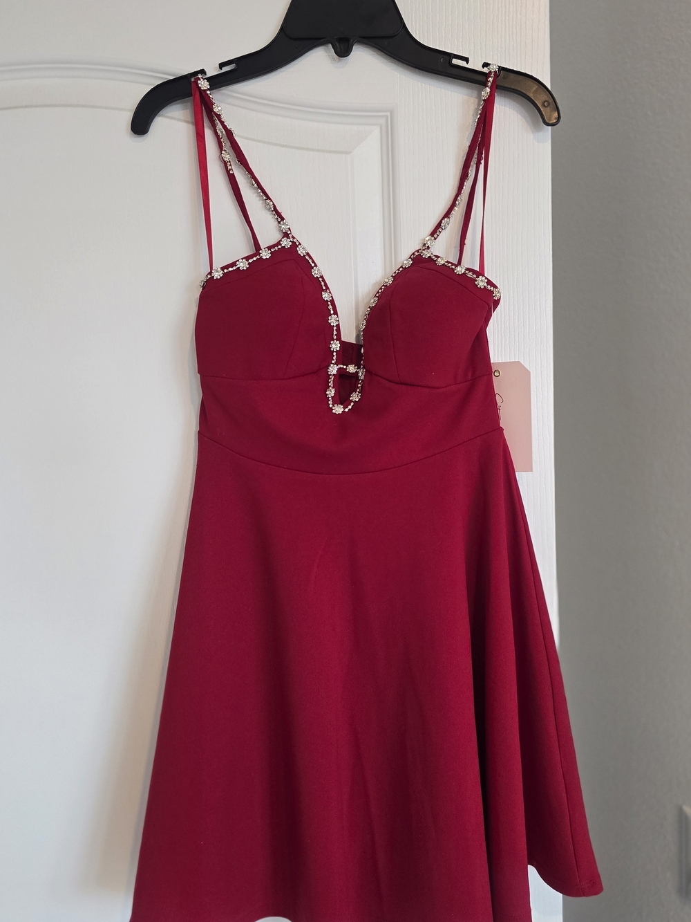 NWT Rhinestone Strap Fit & Flare Mini Dress Raspberry Red XS - Picture 3 of 9